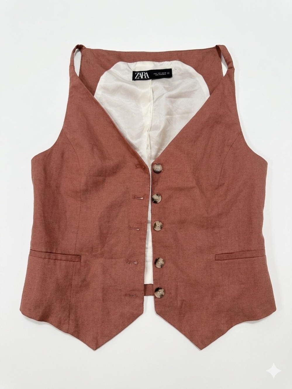 Zara Terracotta Linen-Blend Vest with Cream Lining Size Large